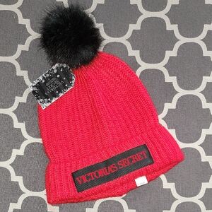 Victoria's Secret Red Knit Hat with Black Pom-Pom